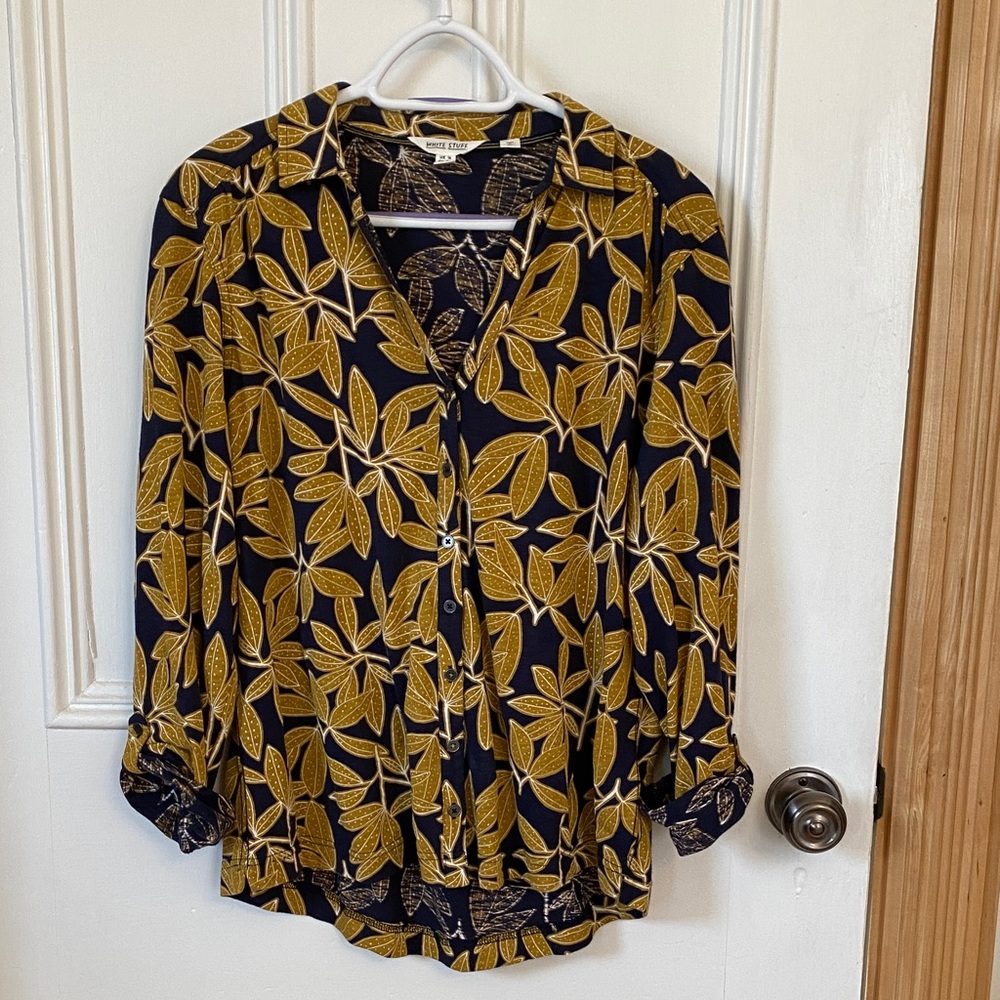 White Stuff Navy Top with Mustard Leaf Print